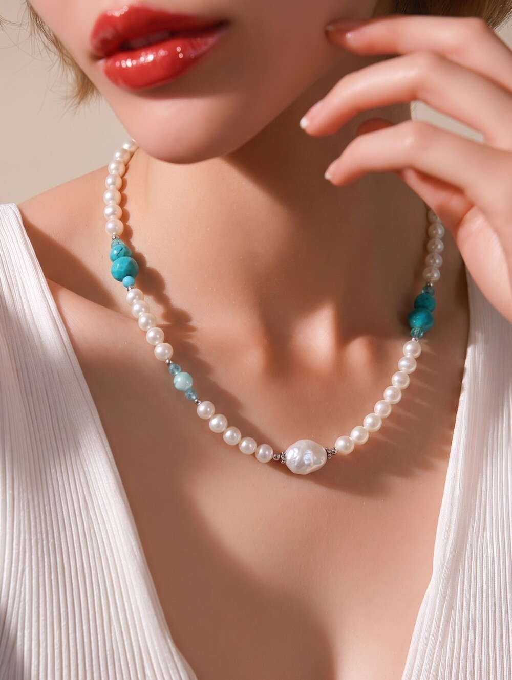 Turquoise, Crystal And  White Freshwater Pearl Necklace  🆕
